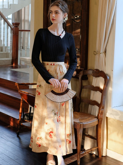 Blumenoberteil, langer asymmetrischer Schlitzrock