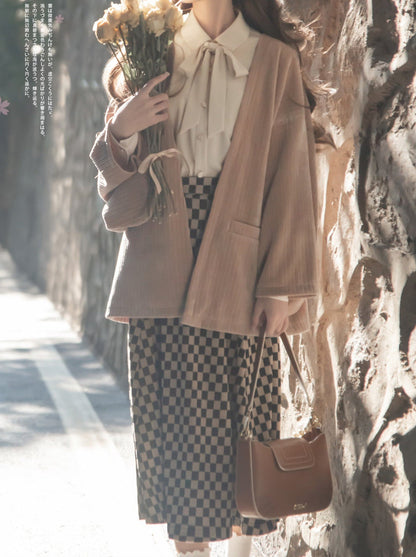 Chiffon Jacket Skirt Retro + Ribbon Checkered Dark Feather Skirt Shirt + Note Showa Brooch Cherry Gray