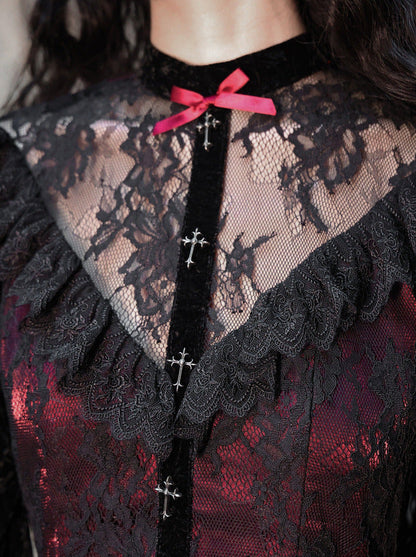 赤いドレス パフスリーブ ベルベット ローズレース 墓地 ゴシック ダーク