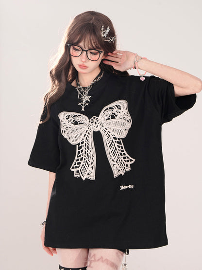 Lace Black Ribbon Loose T-Shirt