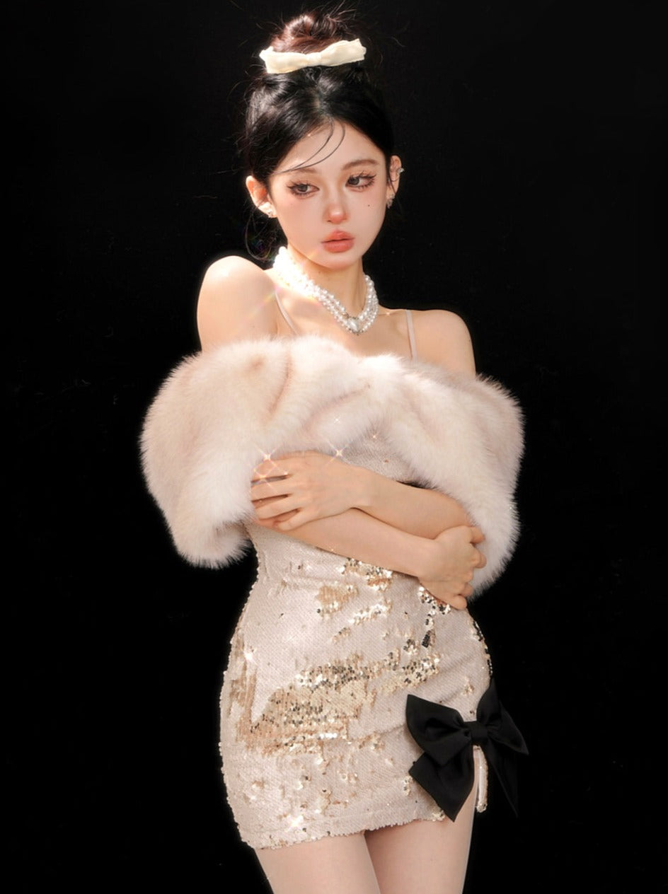 リボン スパンコール スリット ドレス ネクタイ