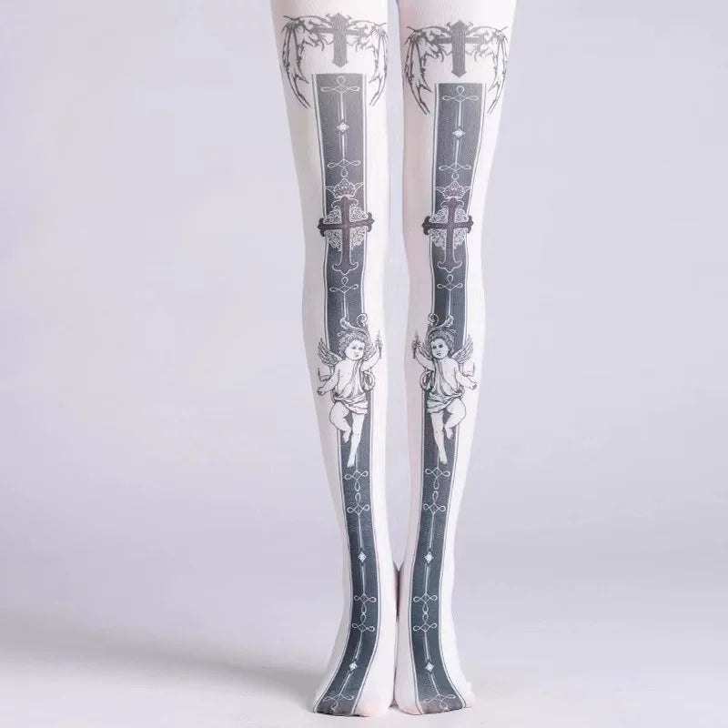 Gothic angel and cross printed tights shown from the front