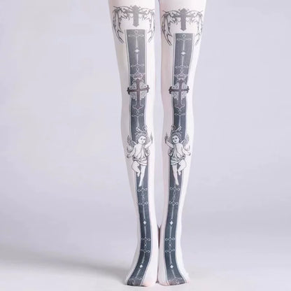 Gothic angel and cross printed tights shown from the front