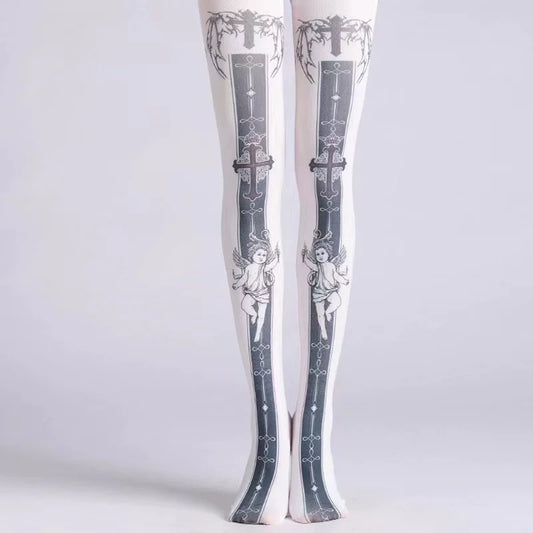Gothic angel and cross printed tights shown from the front