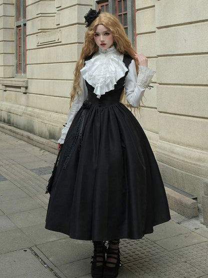 Bluse Spitze Weiß + Jacke Kleid Schwarz Schwarz Klassisches Kleid Gothic Und Nacht Rüschen Traveller