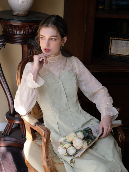 スカートフラワーレトロブラウス+キャミソールシアー