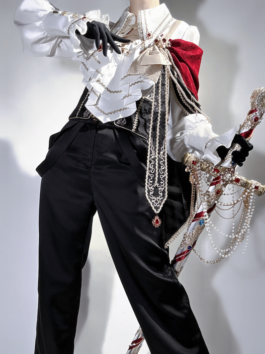 Knight’s Ceremony ouji Lolita outfit with white ruffled shirt, burgundy cape and black pants