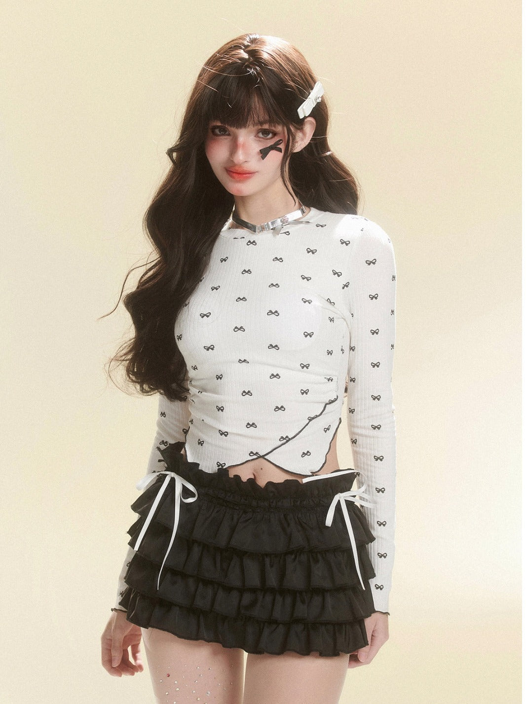 レースアップリボンスリムバッグトップ