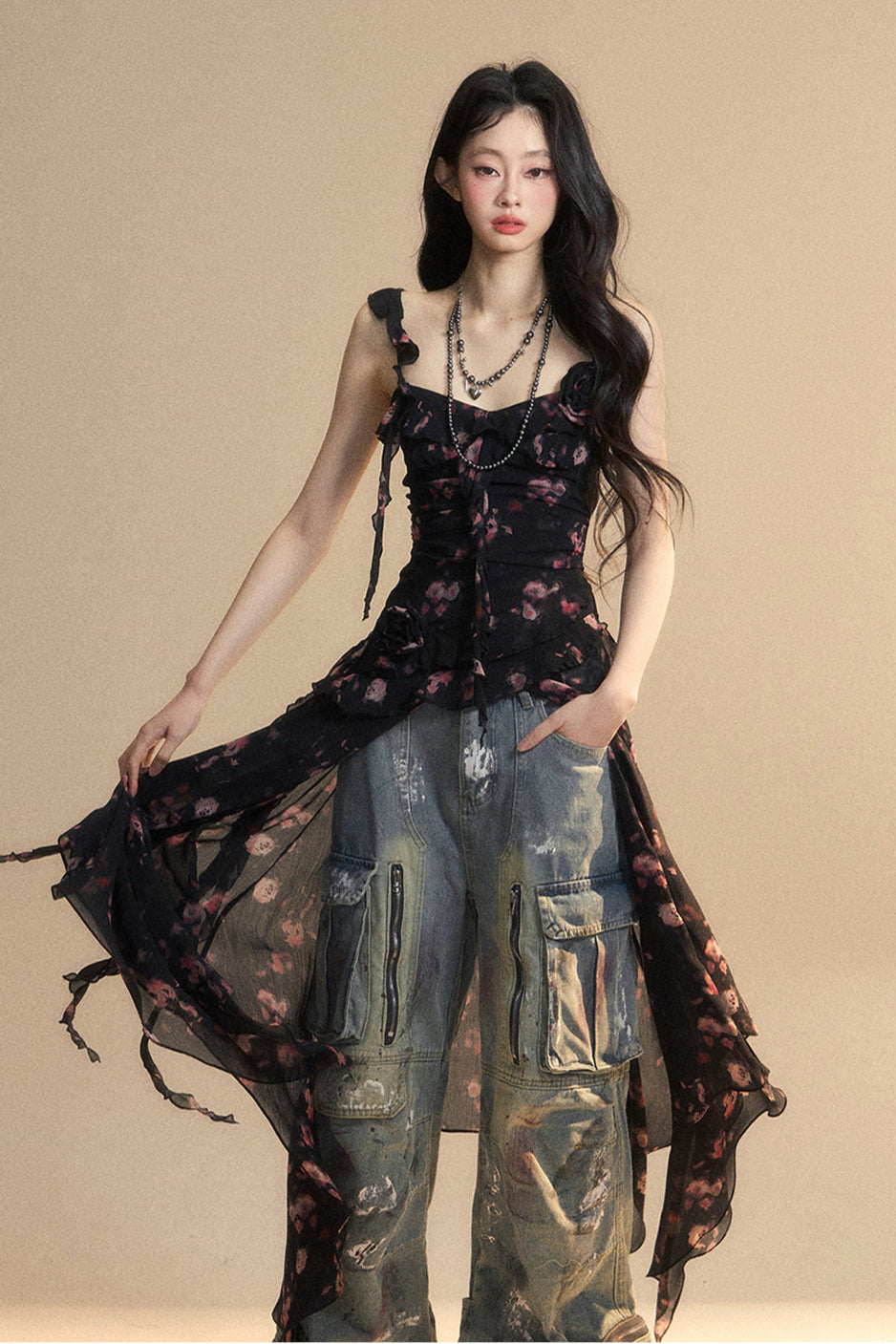 シフォントップ アシンメトリー ワイルドフラワー リザーブス キャミソール