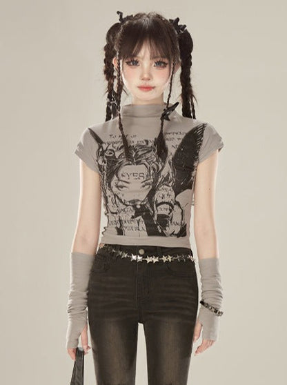 Girl Gray Print Turtleneck Half Dark