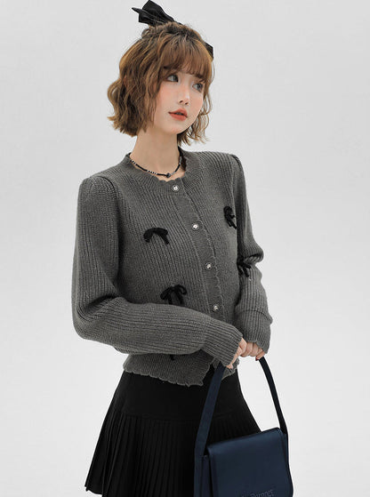 カーディガン グレー ニット フレンチリボン