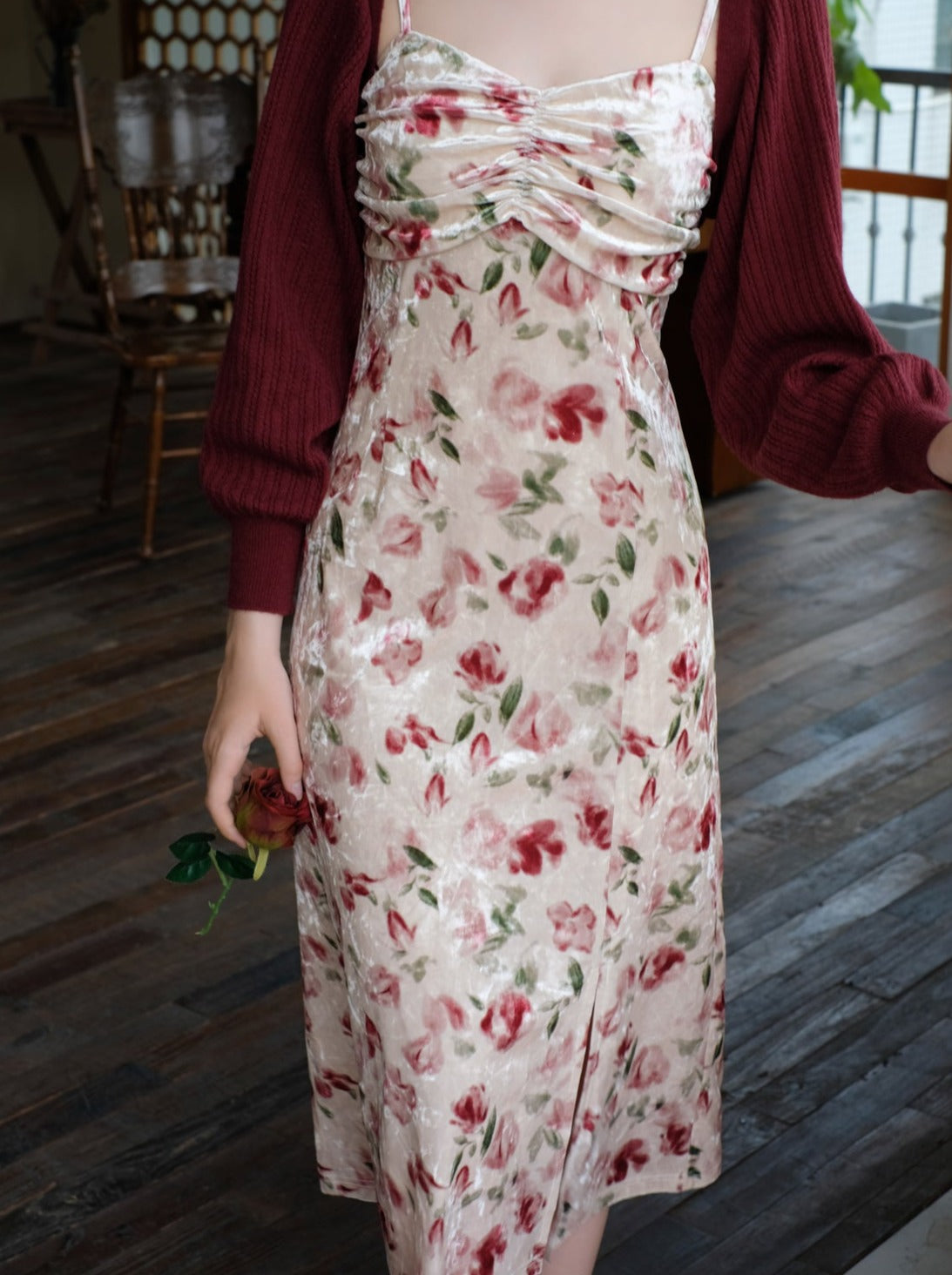 レトロドレス フラワーサスペンダー チェリーレッド