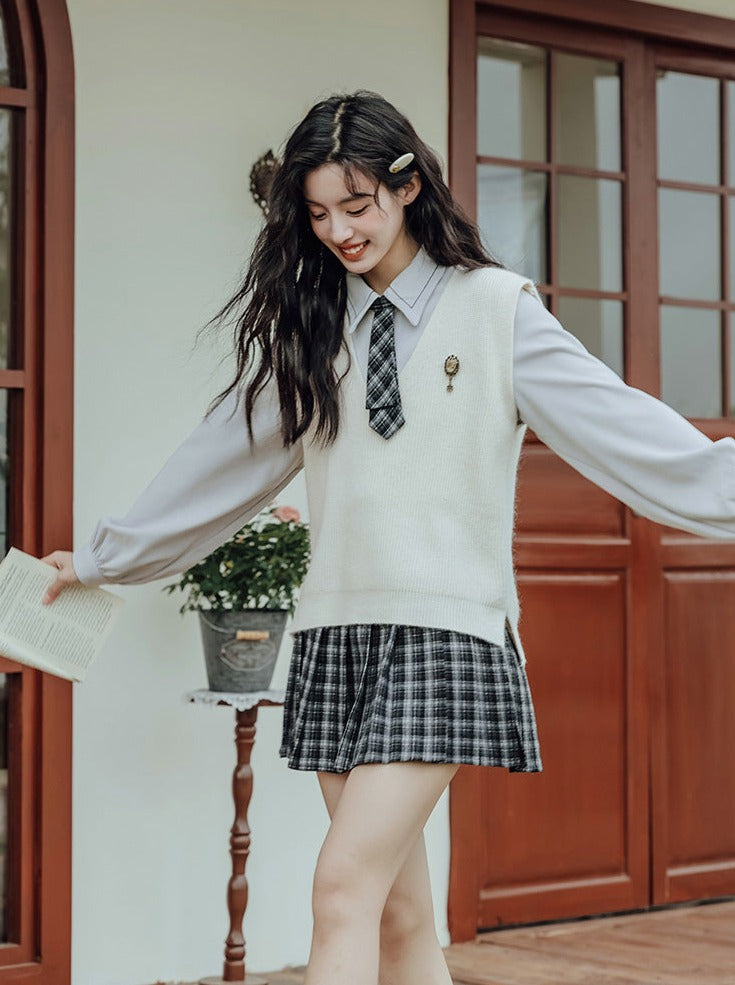 Vest College Skirt Colored Checked Knit Retro Shirt