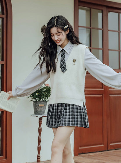Vest College Skirt Colored Checked Knit Retro Shirt