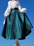 Elegant Frill Lace Blouse + Satin Long Flare Skirt
