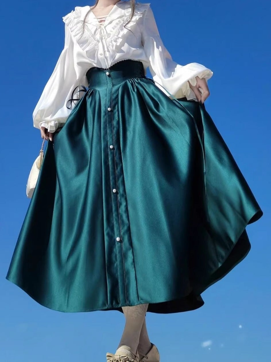 Elegant Frill Lace Blouse + Satin Long Flare Skirt