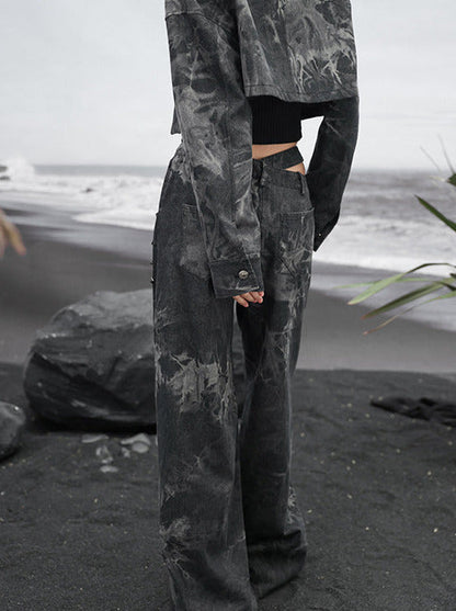 ダークデザインデニム ルーズフリンジ ワイドカットアウトウエスト