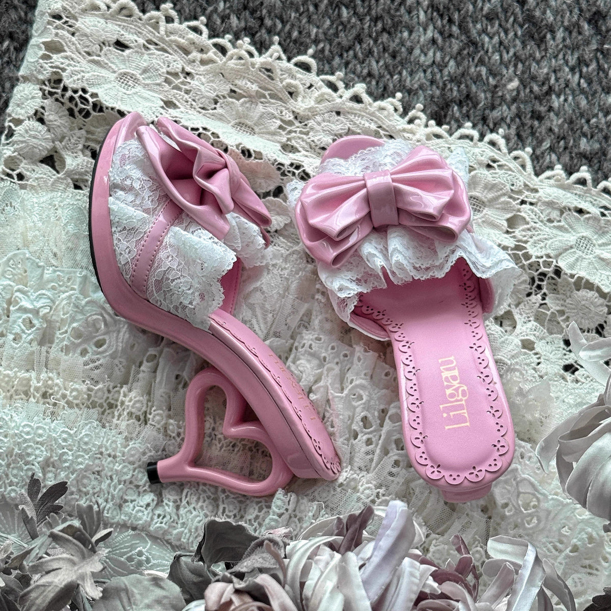 Pink Hime Lolita Slingback Heels with Ornate Heart Decor
