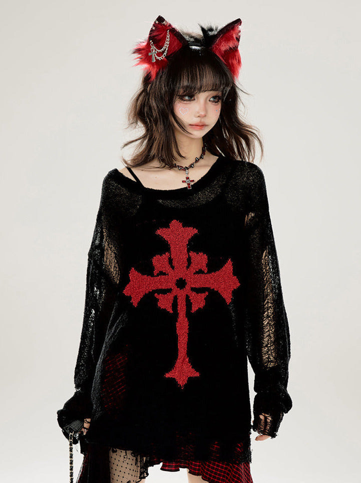 カットアウト リップド ルーズ サマーニット ダークプリント ブラック