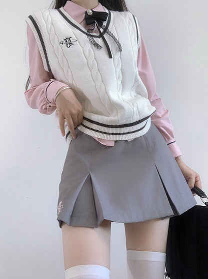 Jacket College Vest + Skirt Shirt Box + Slim Pleated Girl Sweet Ribbon Style