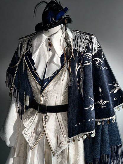 Navy cape, jazz hat and brooch detail — ZERO The Fool collection