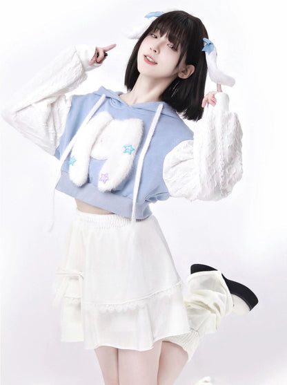 Sleeve Knit Hoodie Short White Little Dog 3D