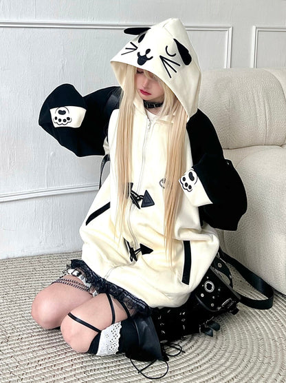 Collar Hood Hoodie Contrast Button Cat Ear Zip Horn