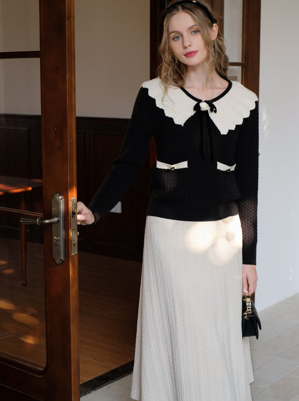 セーターブロックウェブリボンレトロラペルフレンチカラーカーディガン