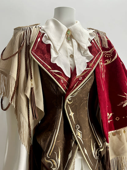 Burgundy vest, brooch and cape close-up — ZERO The Fool collection