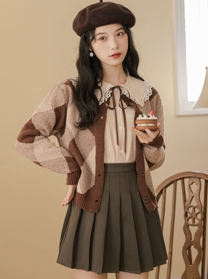 Argyle Rock Plissee Strick Braun Cardigan Retro