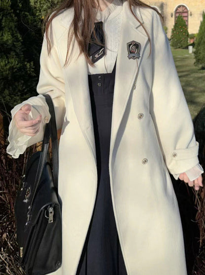 ダブルブレストウールコクーンホワイトエレガントコートカレッジ