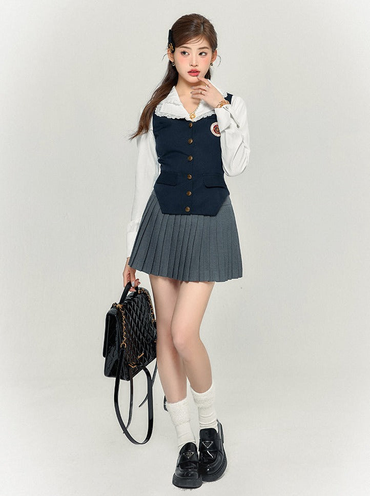 レトロシャツベスト + スリムスカート カレッジプリーツ