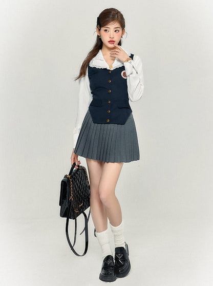レトロシャツベスト + スリムスカート カレッジプリーツ