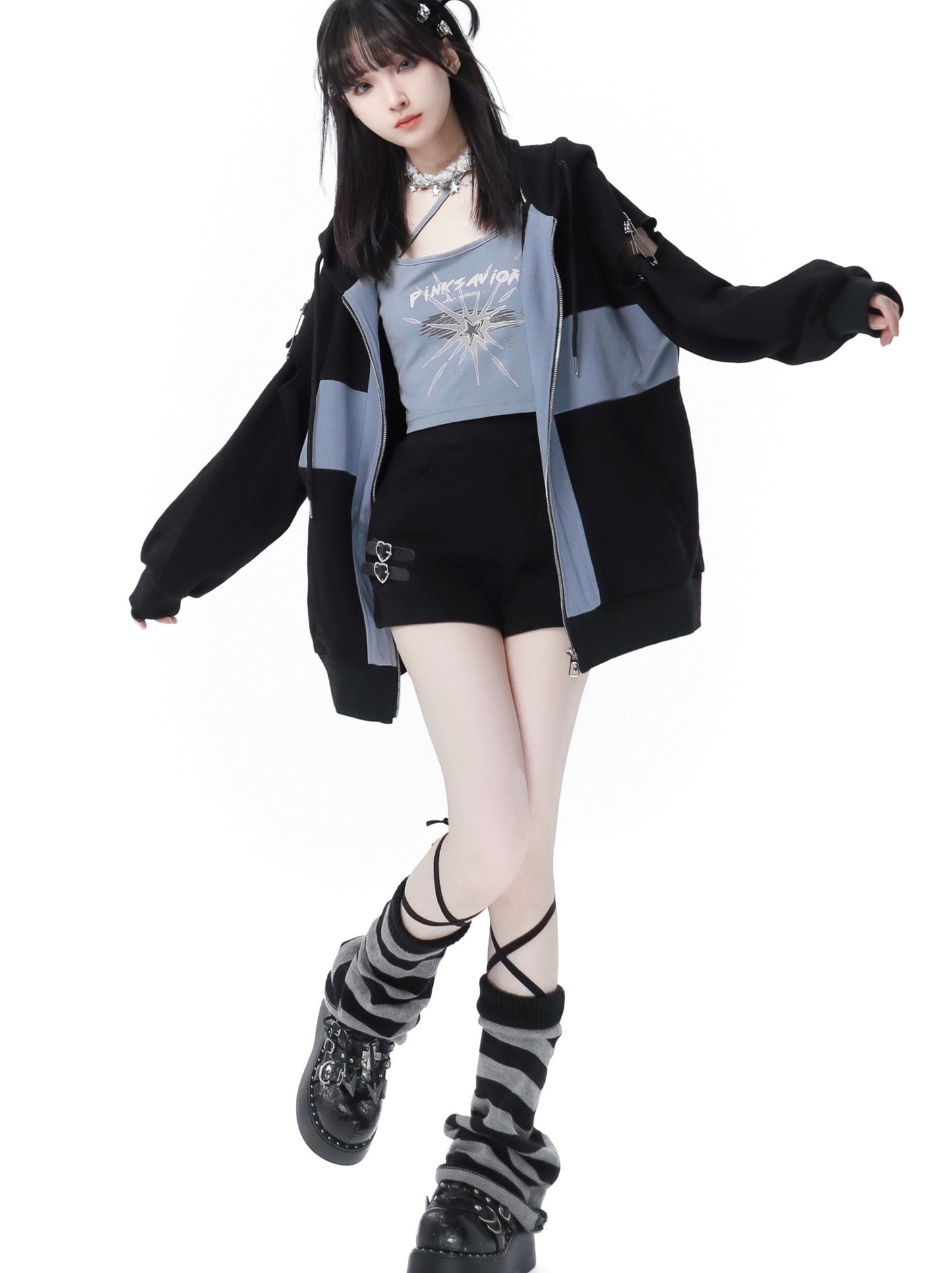 Zip Cami Cross Loose Pants Hoodie Top