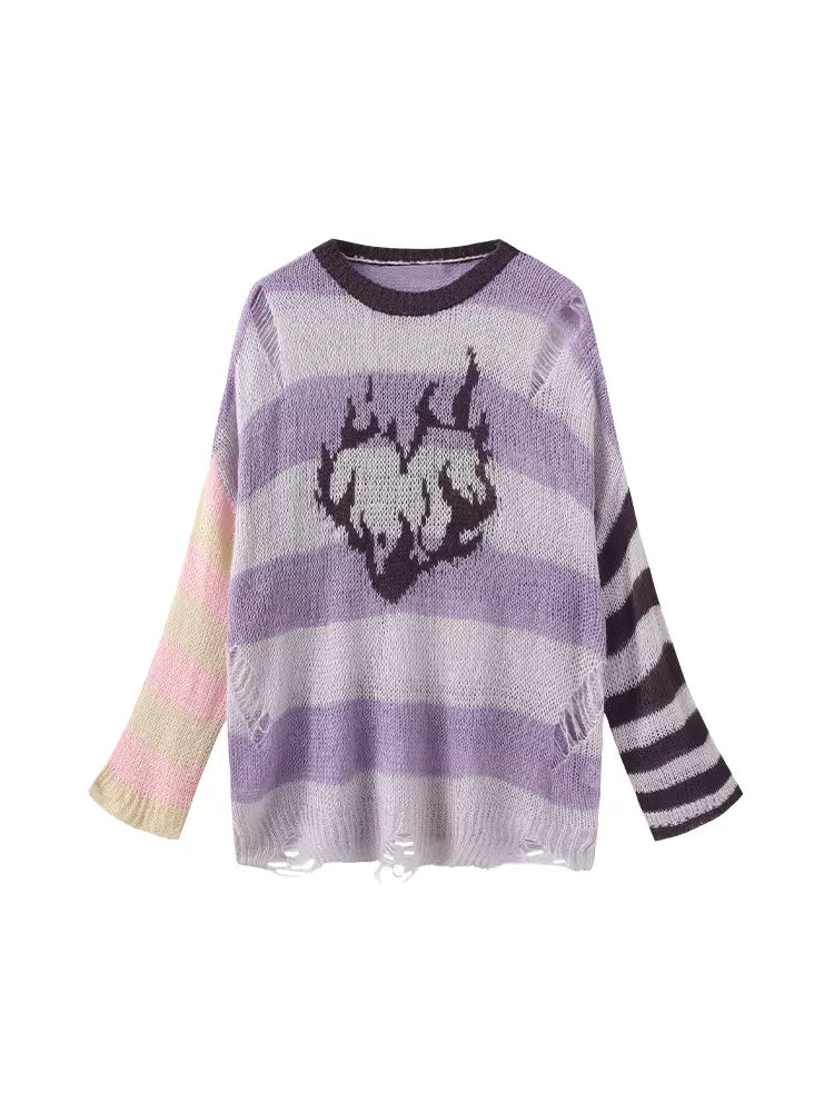 Striped Color Sheer Contrast Knit Pullover Asymmetrical Loose