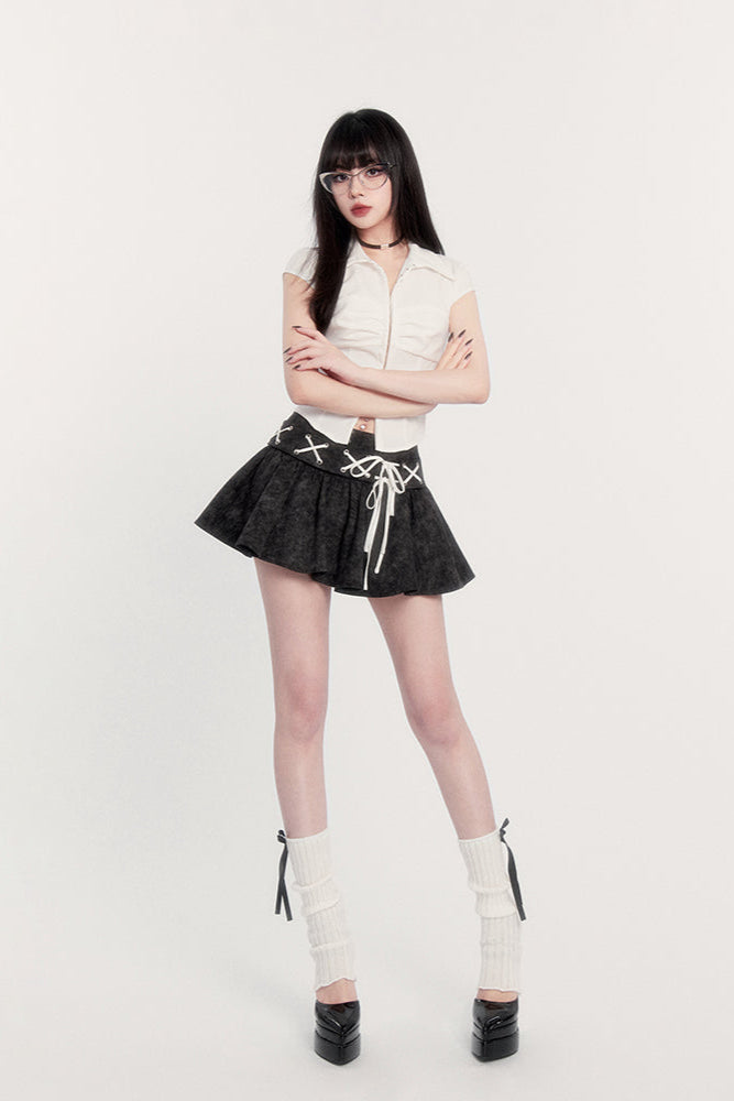 ウエストレースシャツスカートハイスリムフレアアップ+