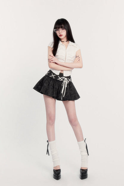 ウエストレースシャツスカートハイスリムフレアアップ+