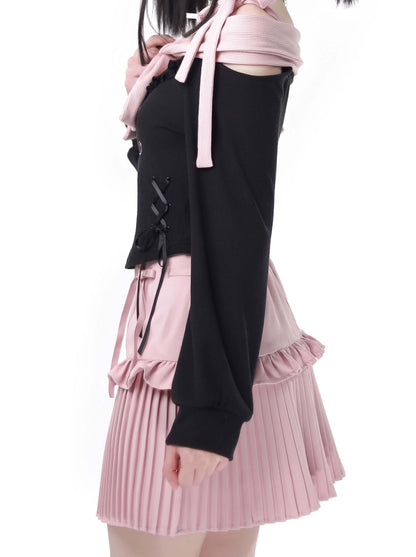 Knit Pink Ribbon + Straps Black Off-Shoulder Top