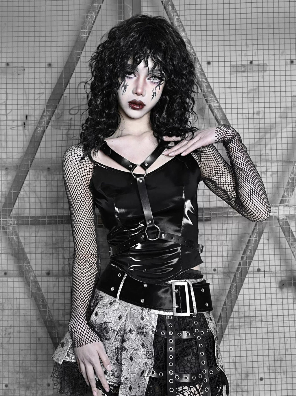 Mesh Top Punk Slim Gothic Wing PU Sheer Liquid