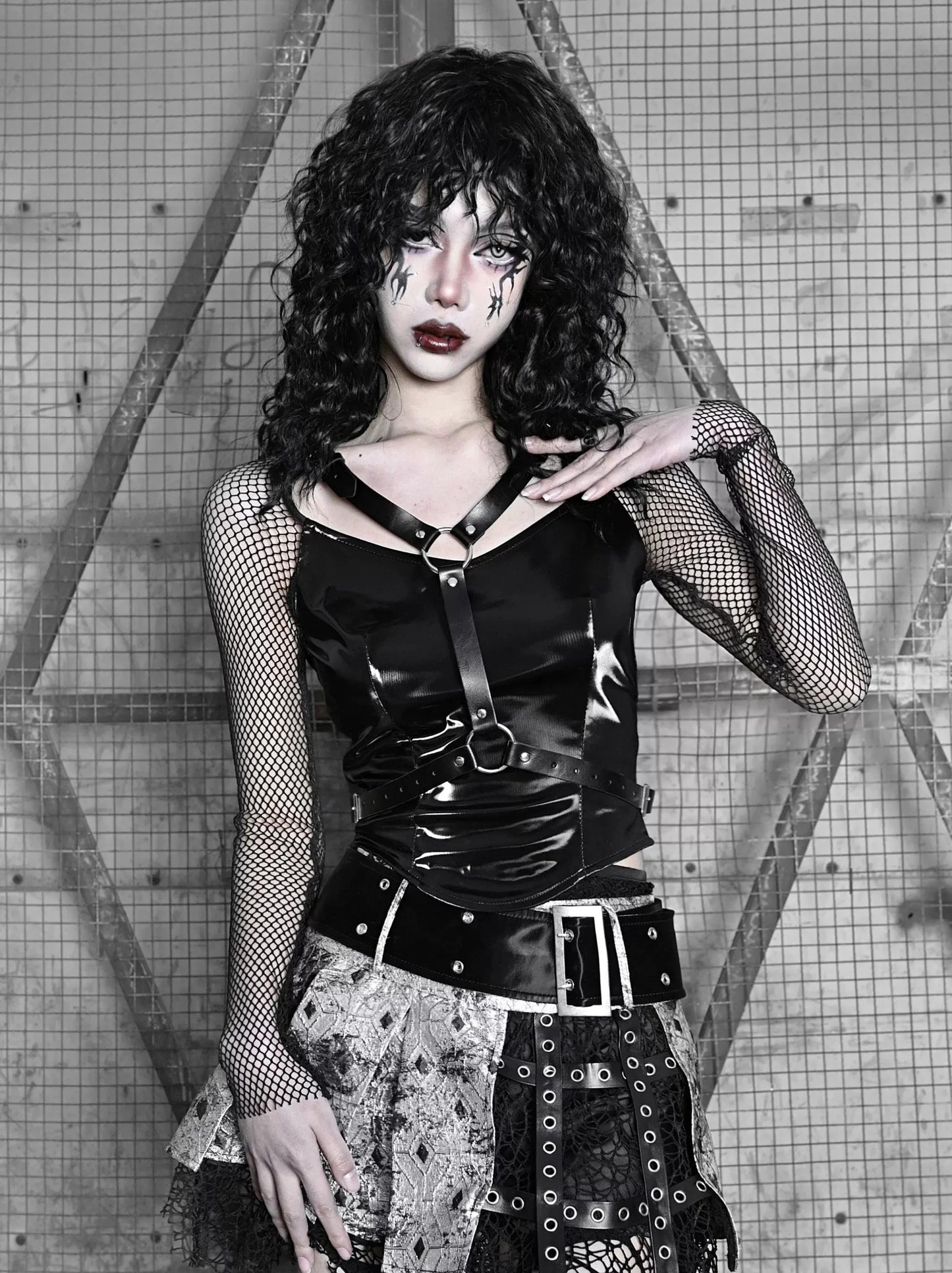 Mesh Top Punk Slim Gothic Wing PU Sheer Liquid