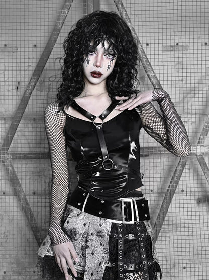 Mesh Top Punk Slim Gothic Wing PU Sheer Liquid
