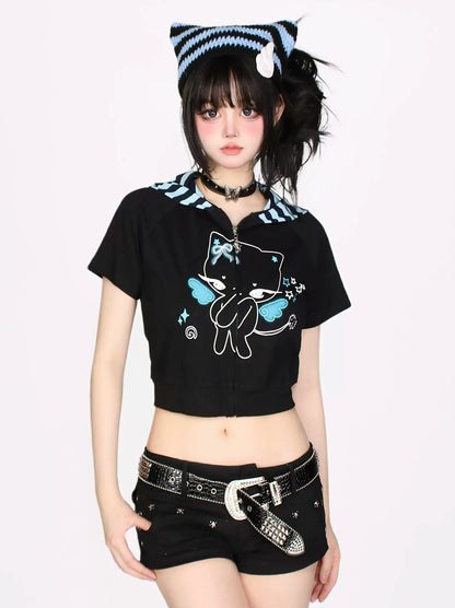 Bunny Print Short Angel Hoodie Zip Ears Cat T-Shirt