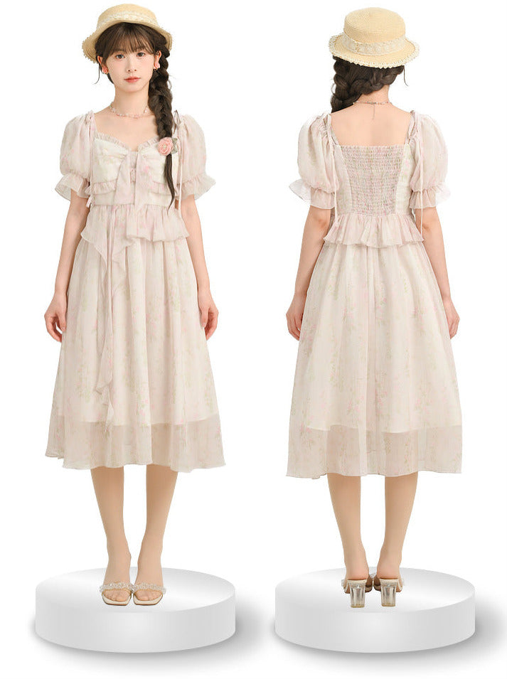 フローラルピンクのスクエアドレス シフォンオフショルダー