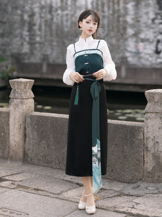 China Suspenders Blouse Green Dark + Skirt + Scarf