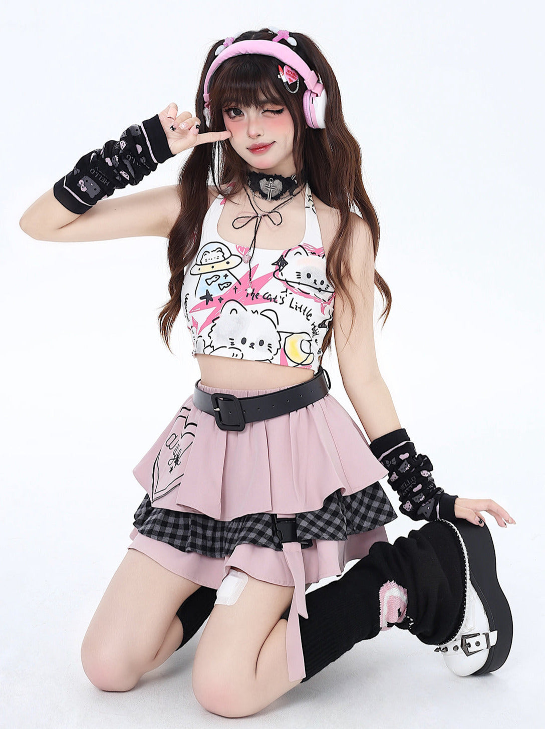 Pure Cute Print Neckholder Top Graffiti Katze