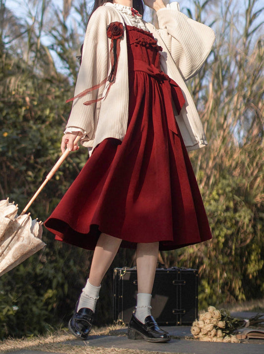 Poem Weave White Feather Dress Innershirt Rose Corsage + Ruffle Red Ruffle Retro Jacket Suspender Rose