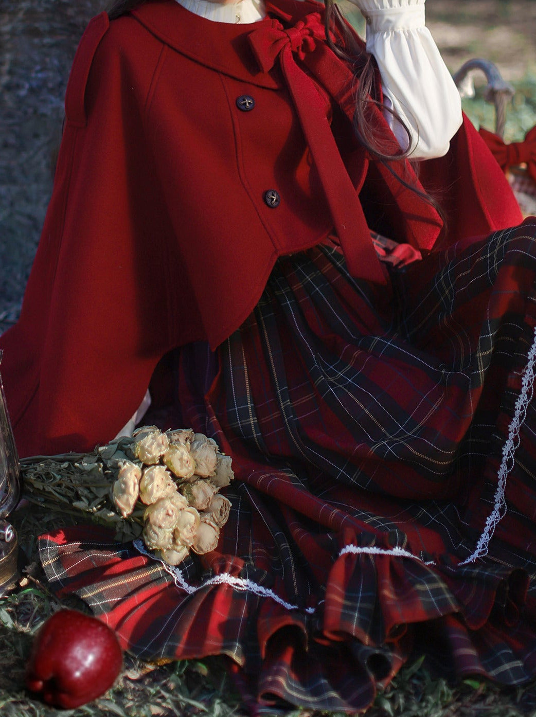 Shirt Little Red Tiered Pleated Dress Scarf Head Riding Ribbon Coat Hood Check Collar Cape