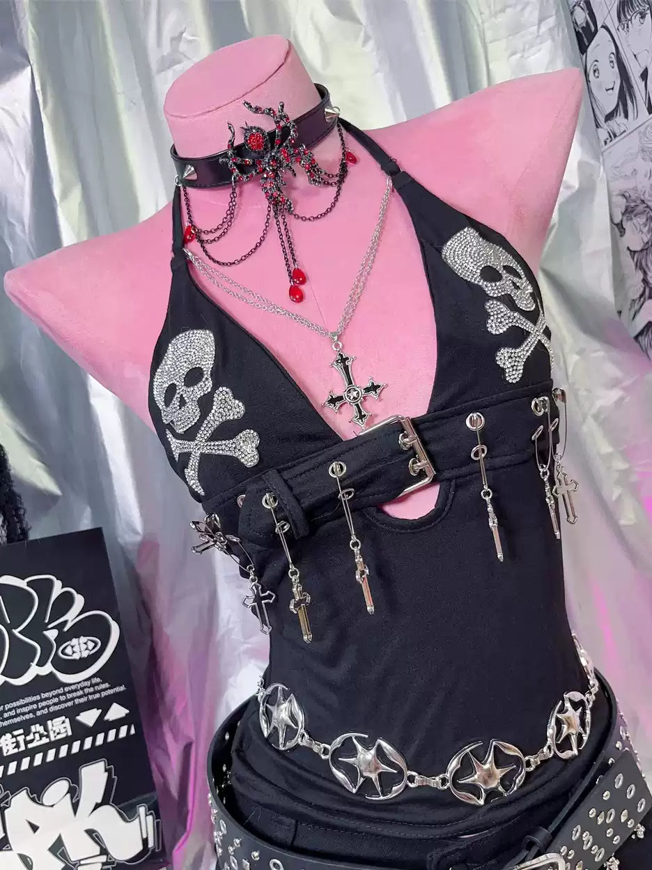 Y2K Punk Gothic Neck Skull Cross Strap Top