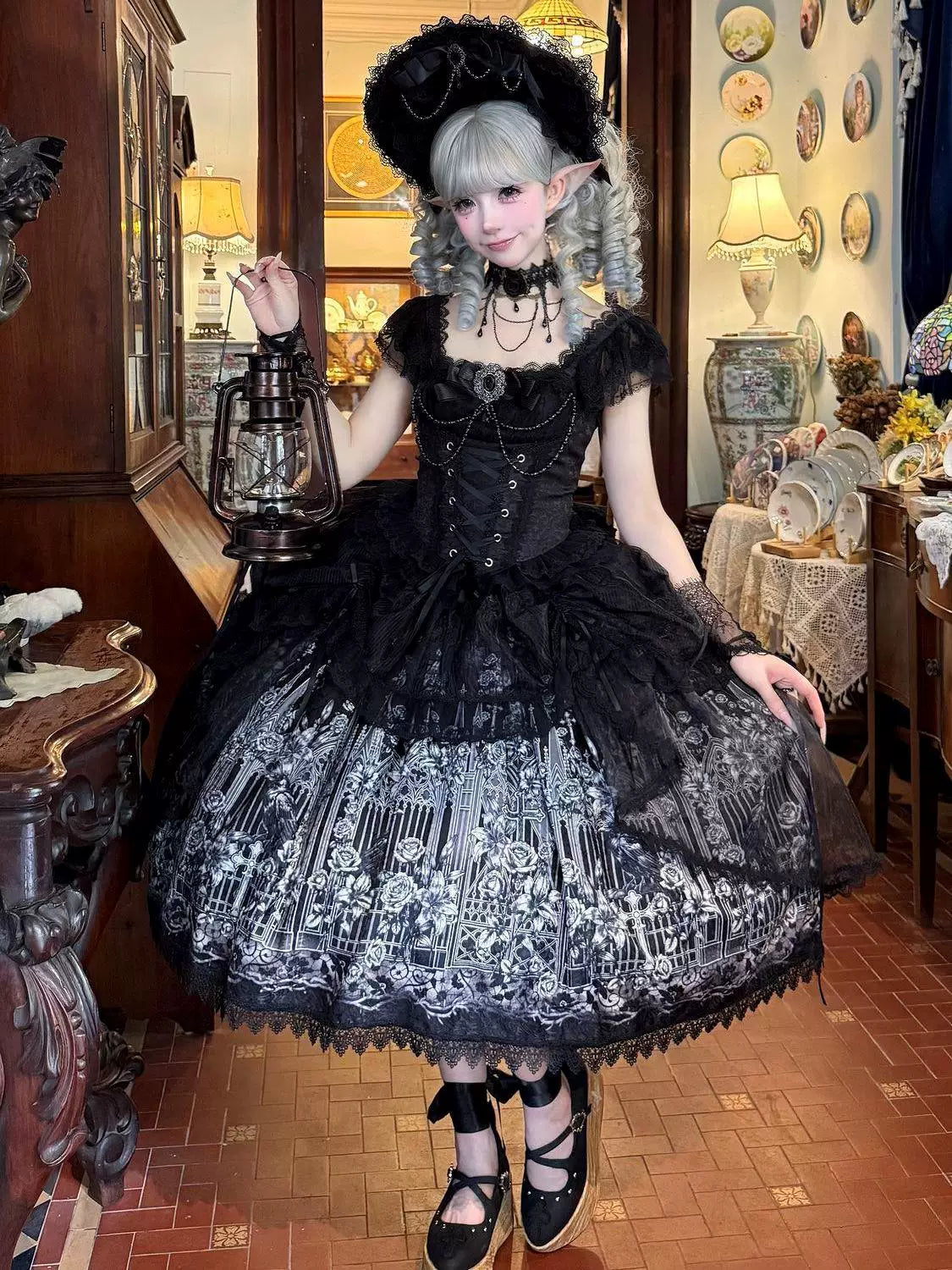 Black Gothic Lolita JSK dress model front view