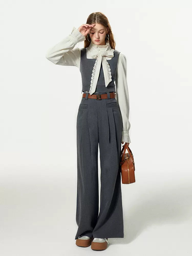 Bow-tie Gray Vest Pleated Knit Pants Slack Suit + Shirt